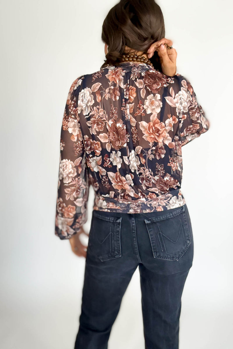 Mock Neck Floral Print Mesh Top