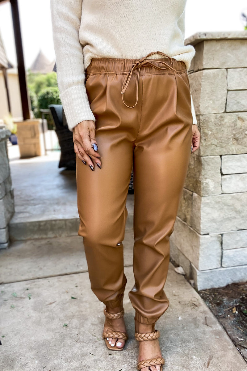 Be True To You Camel Faux Leather Jogger Pants
