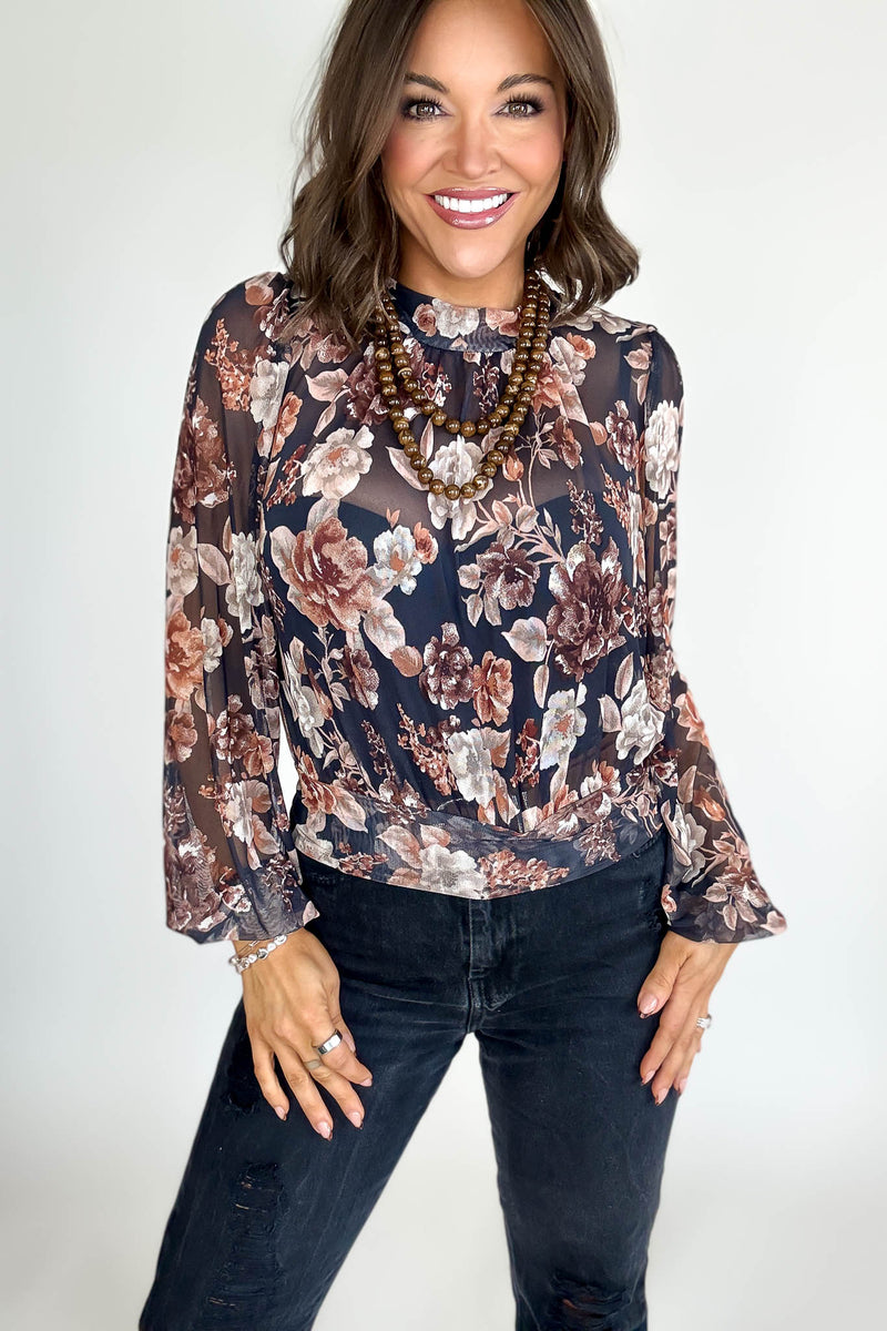 Mock Neck Floral Print Mesh Top