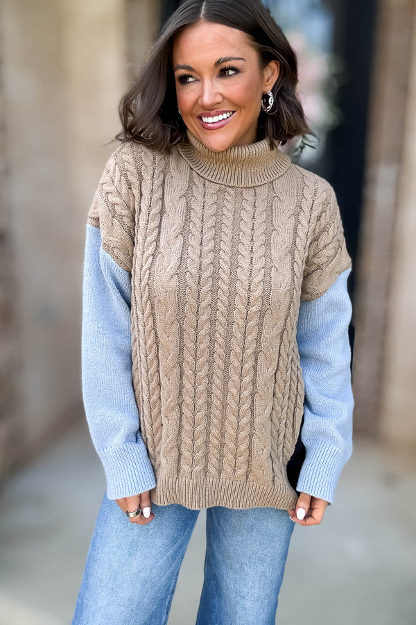 Colorblock Turtle Neck Cable Knit Pullover Sweater