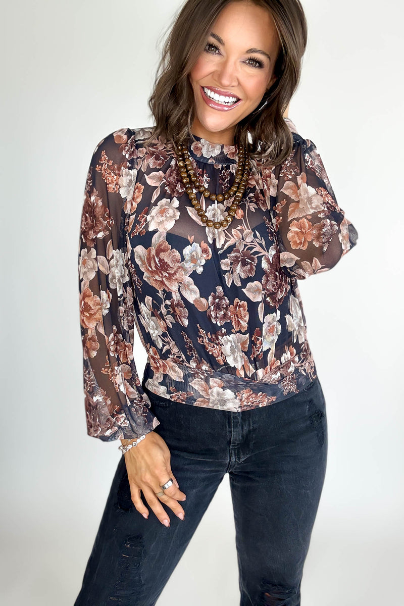 Mock Neck Floral Print Mesh Top