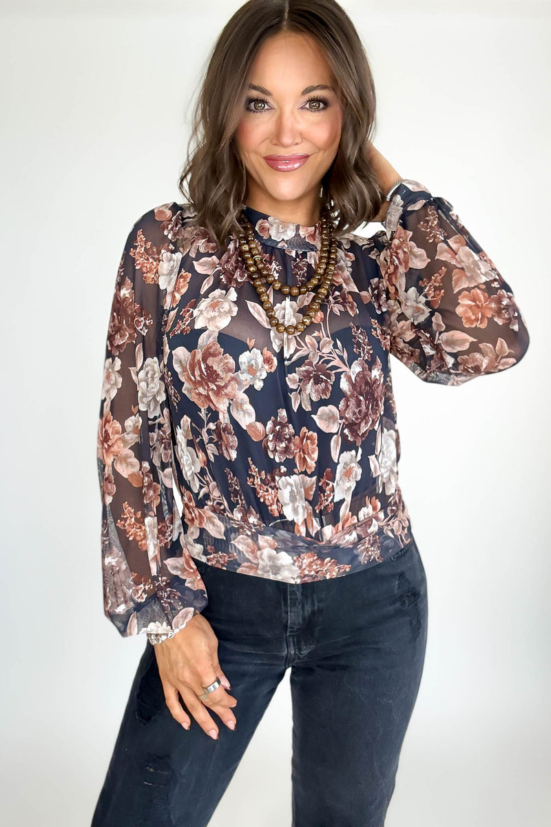 Mock Neck Floral Print Mesh Top