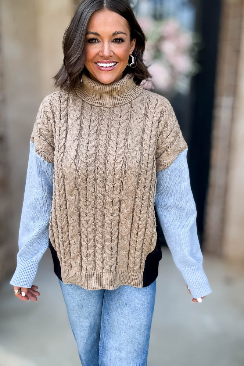 Colorblock Turtle Neck Cable Knit Pullover Sweater