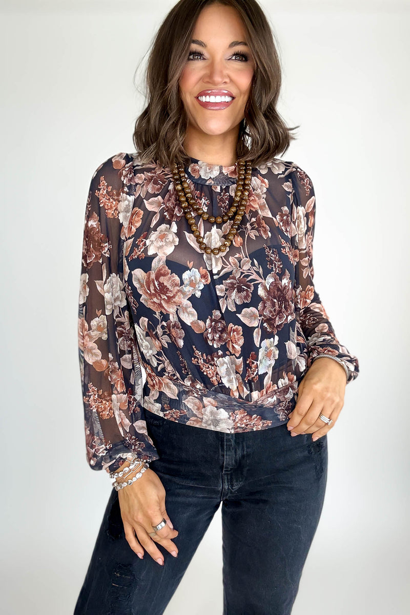 Mock Neck Floral Print Mesh Top