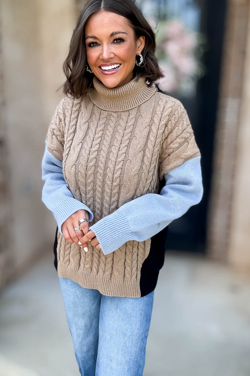 Colorblock Turtle Neck Cable Knit Pullover Sweater