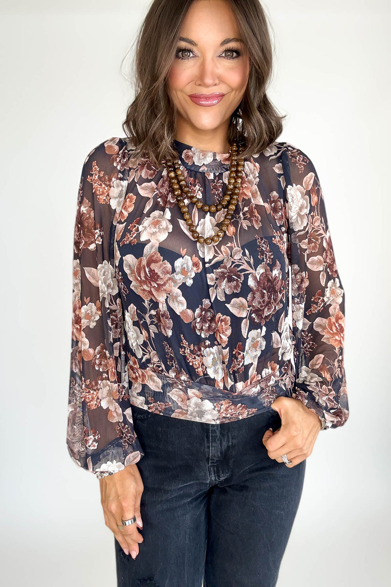 Mock Neck Floral Print Mesh Top