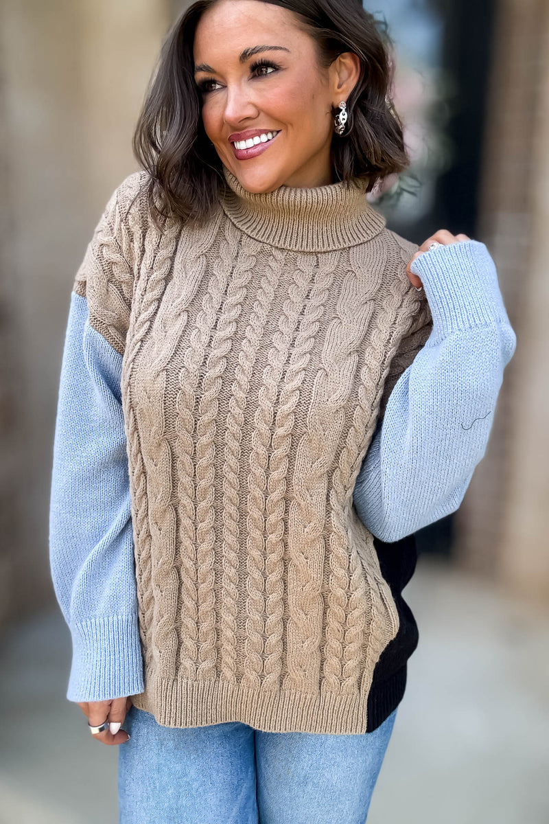 Colorblock Turtle Neck Cable Knit Pullover Sweater