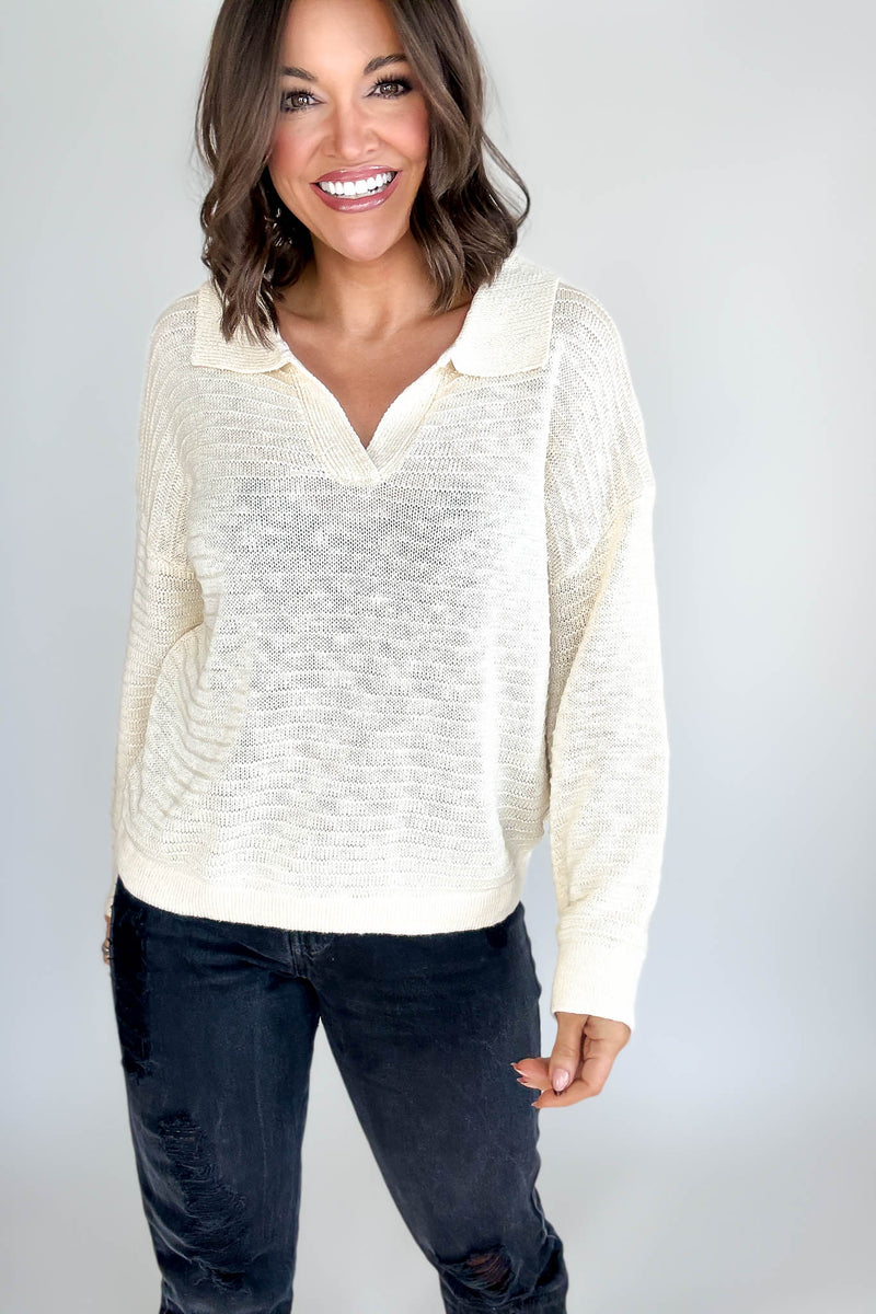 Cream Collared V-neck Textured Knit Top