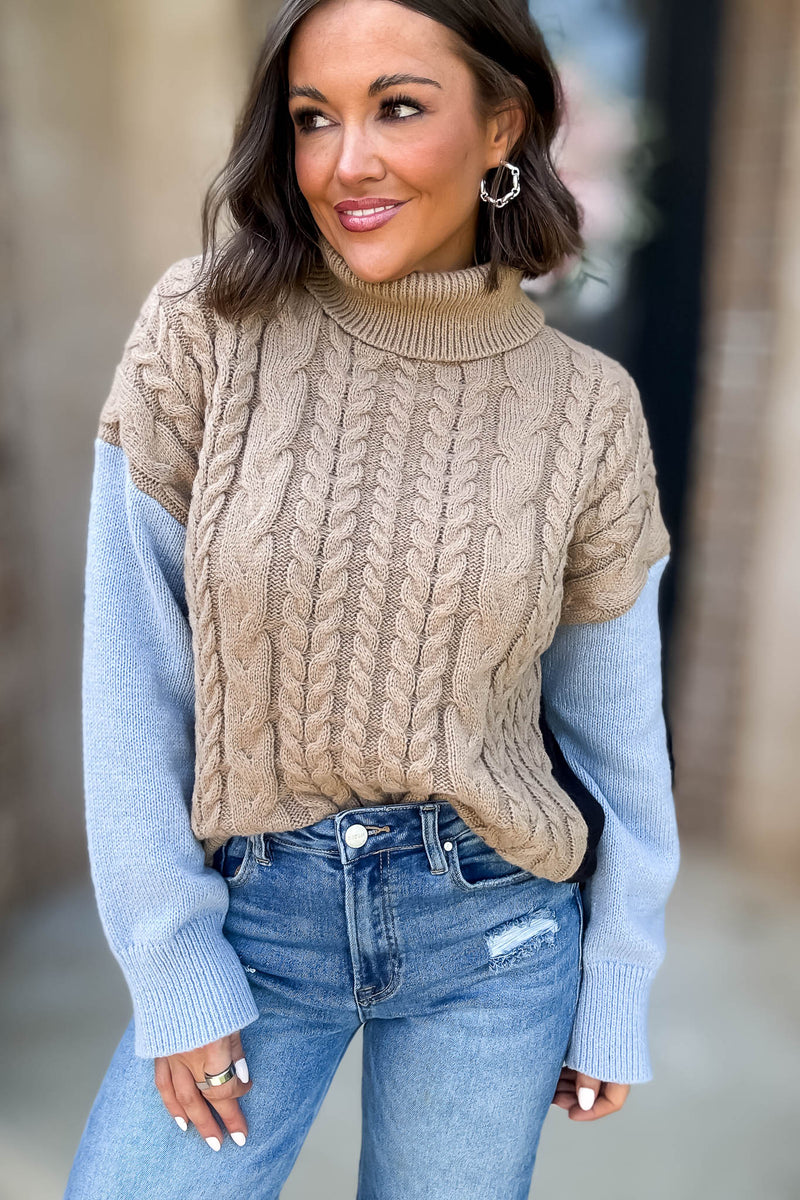 Colorblock Turtle Neck Cable Knit Pullover Sweater