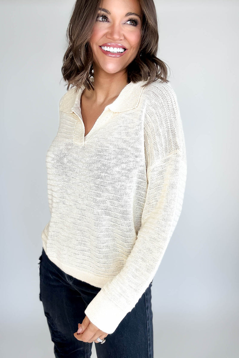 Cream Collared V-neck Textured Knit Top