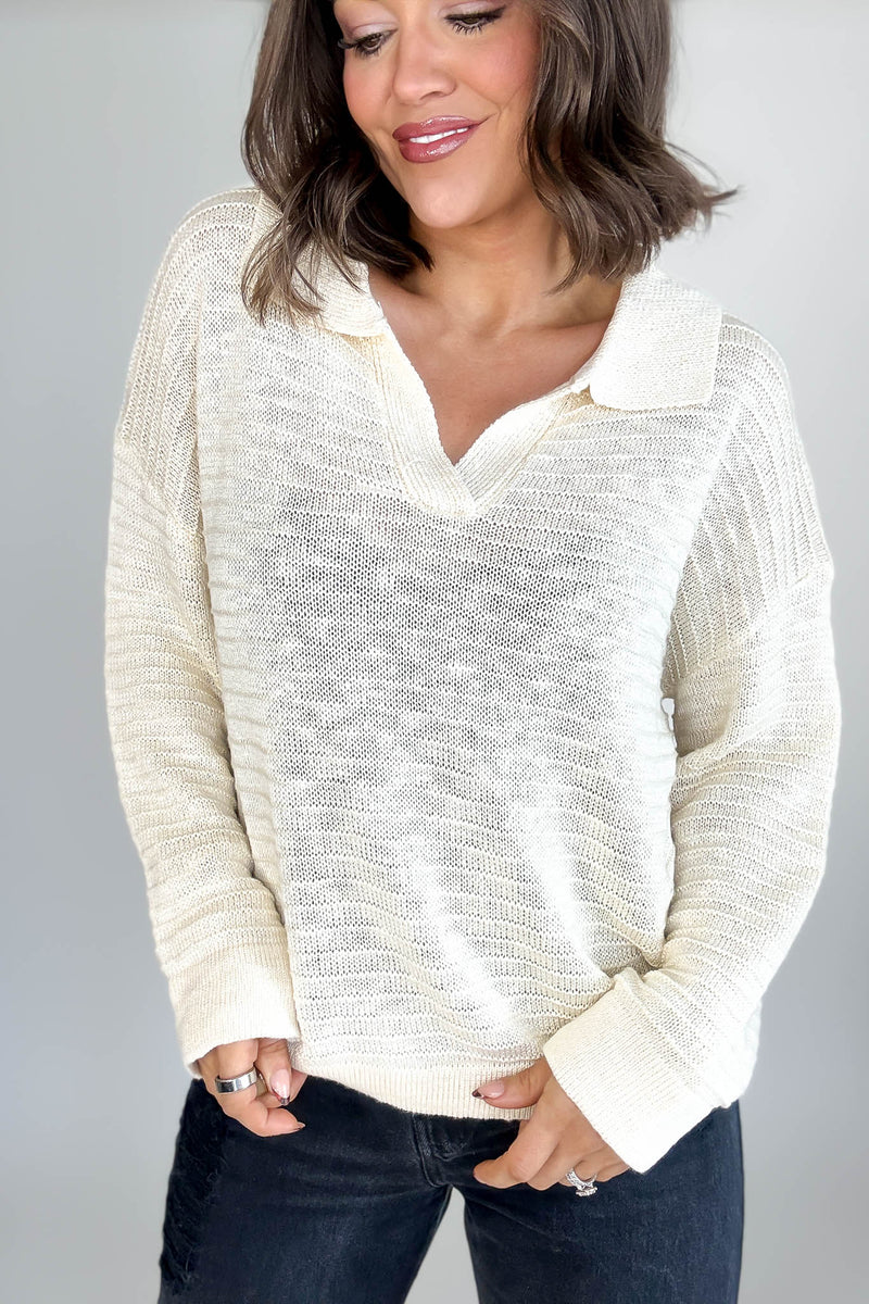 Cream Collared V-neck Textured Knit Top