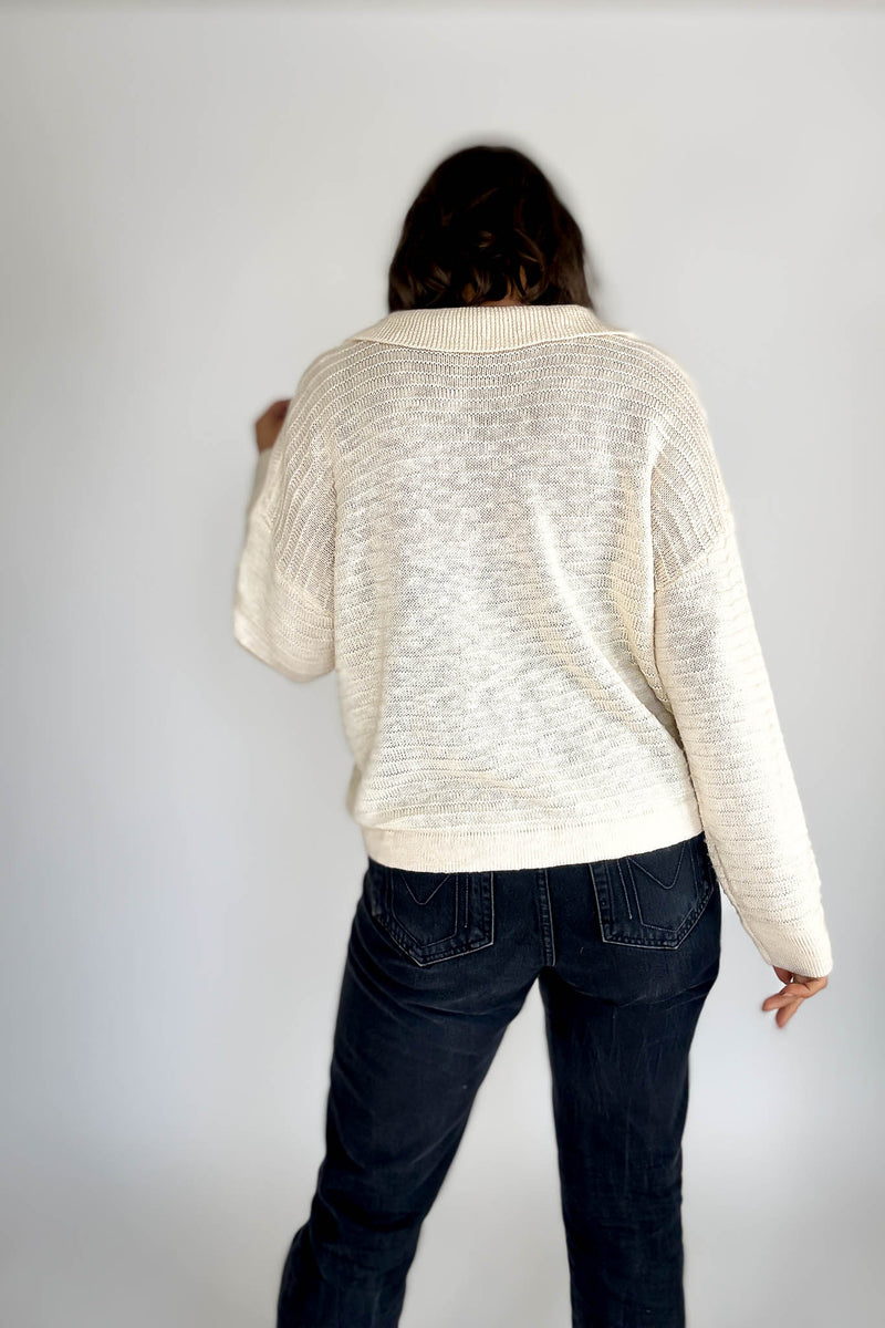 Cream Collared V-neck Textured Knit Top