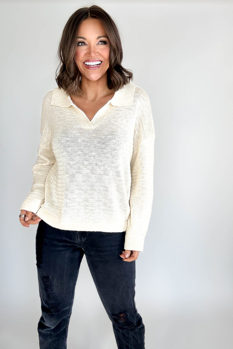 Cream Collared V-neck Textured Knit Top