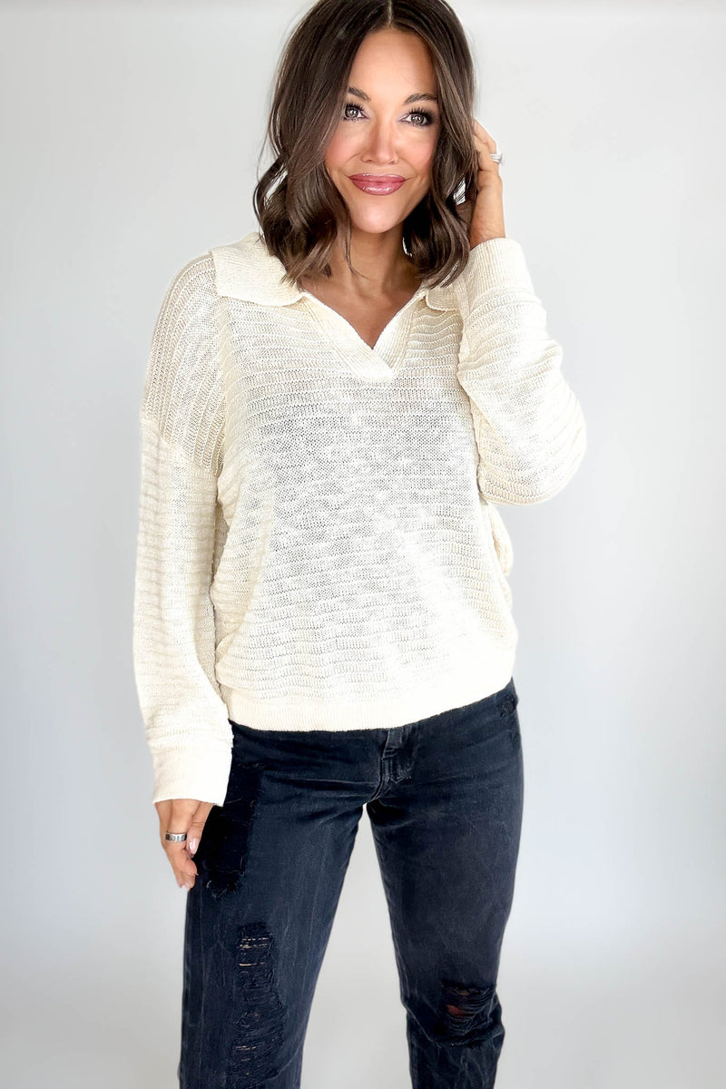 Cream Collared V-neck Textured Knit Top