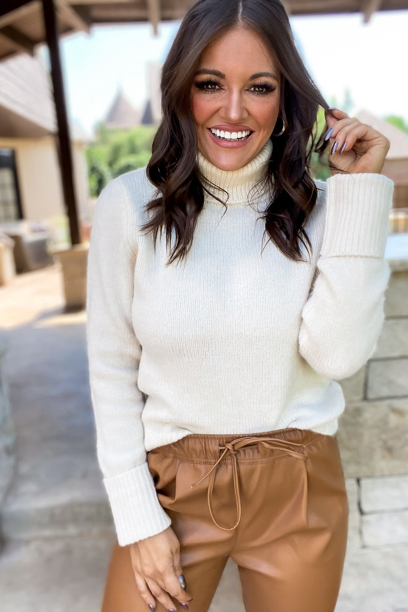 Reflections Oatmeal Solid Cuffed Long Sleeves Knit Pullover