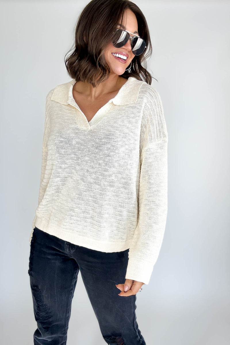 Cream Collared V-neck Textured Knit Top