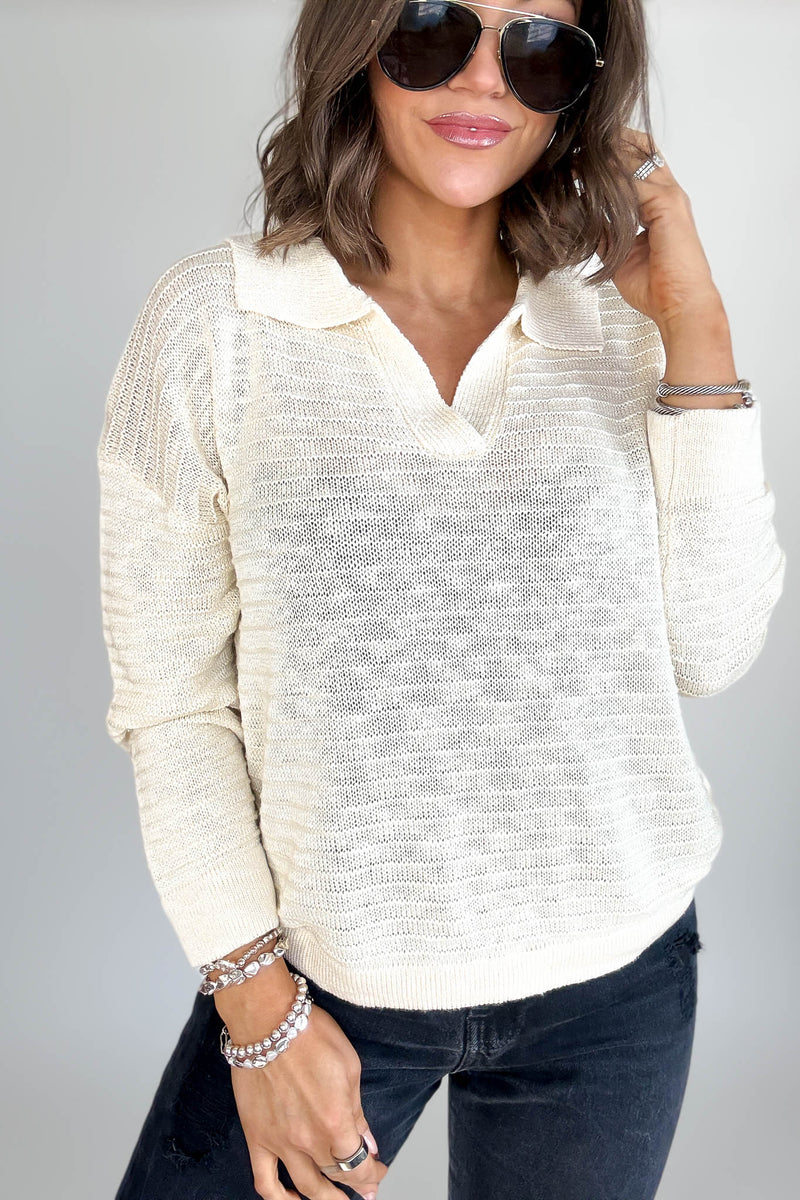 Cream Collared V-neck Textured Knit Top