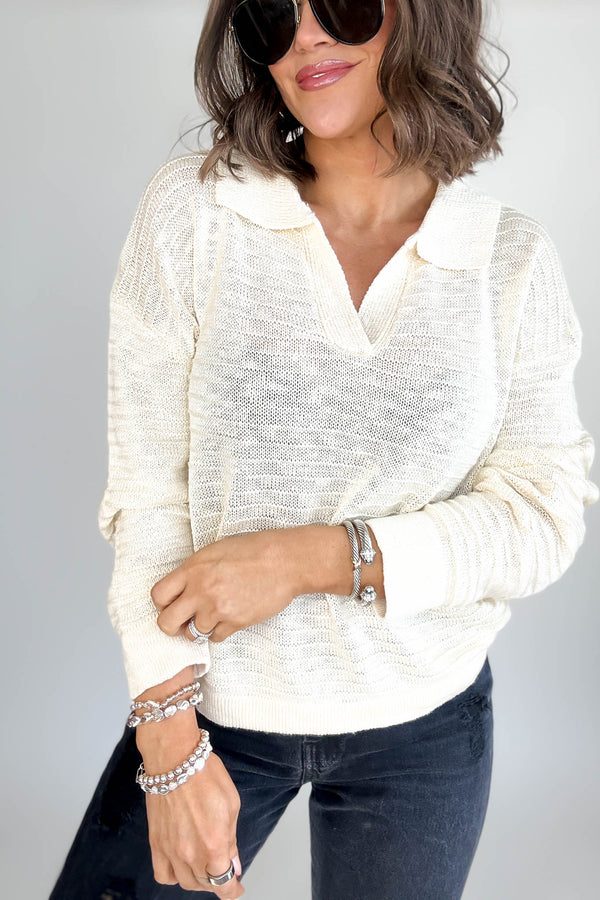 Cream Collared V-neck Textured Knit Top