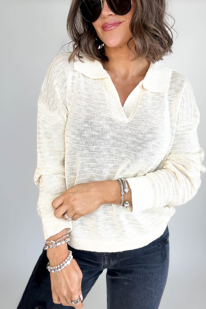 Cream Collared V-neck Textured Knit Top