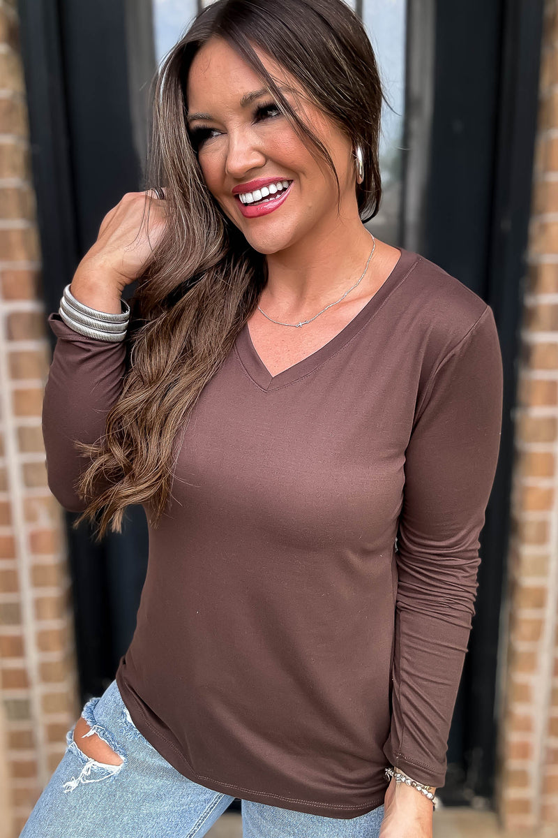 Best Ever Brown Layering Long Sleeve V Neck Butter Soft Top