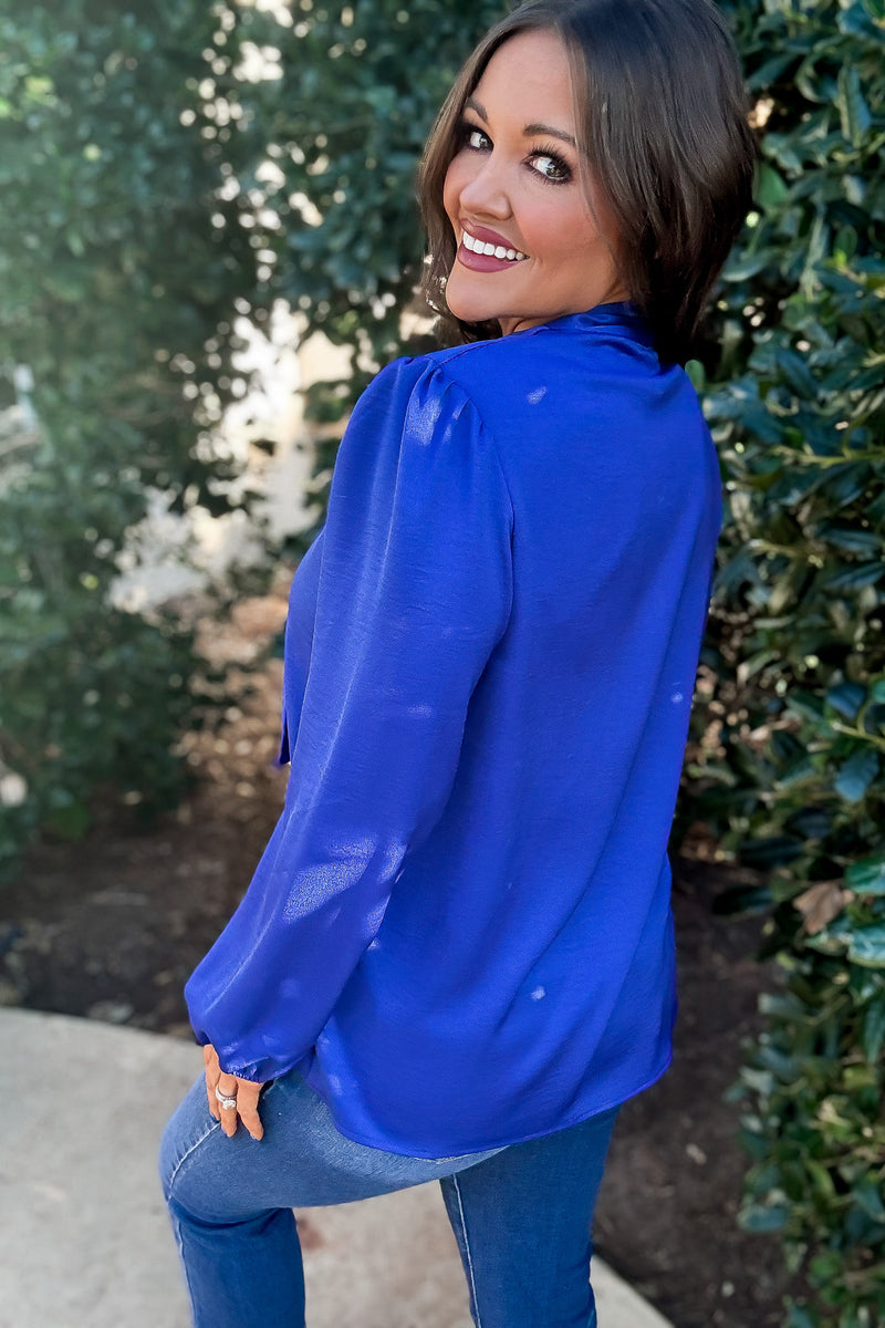 Wrap It Up Royal Blue Satin Neck Tie Blouse