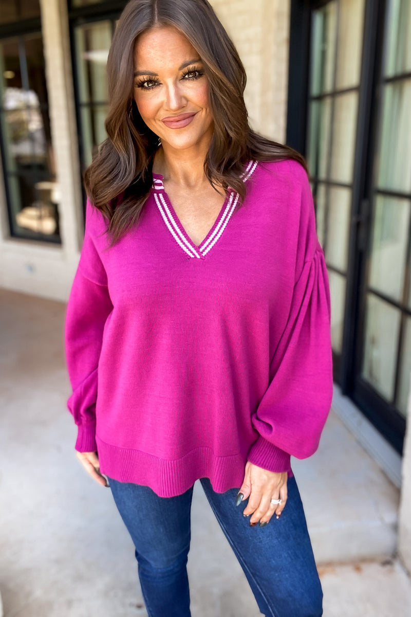 Magenta Solid Peasant Sleeves Knit Pullover