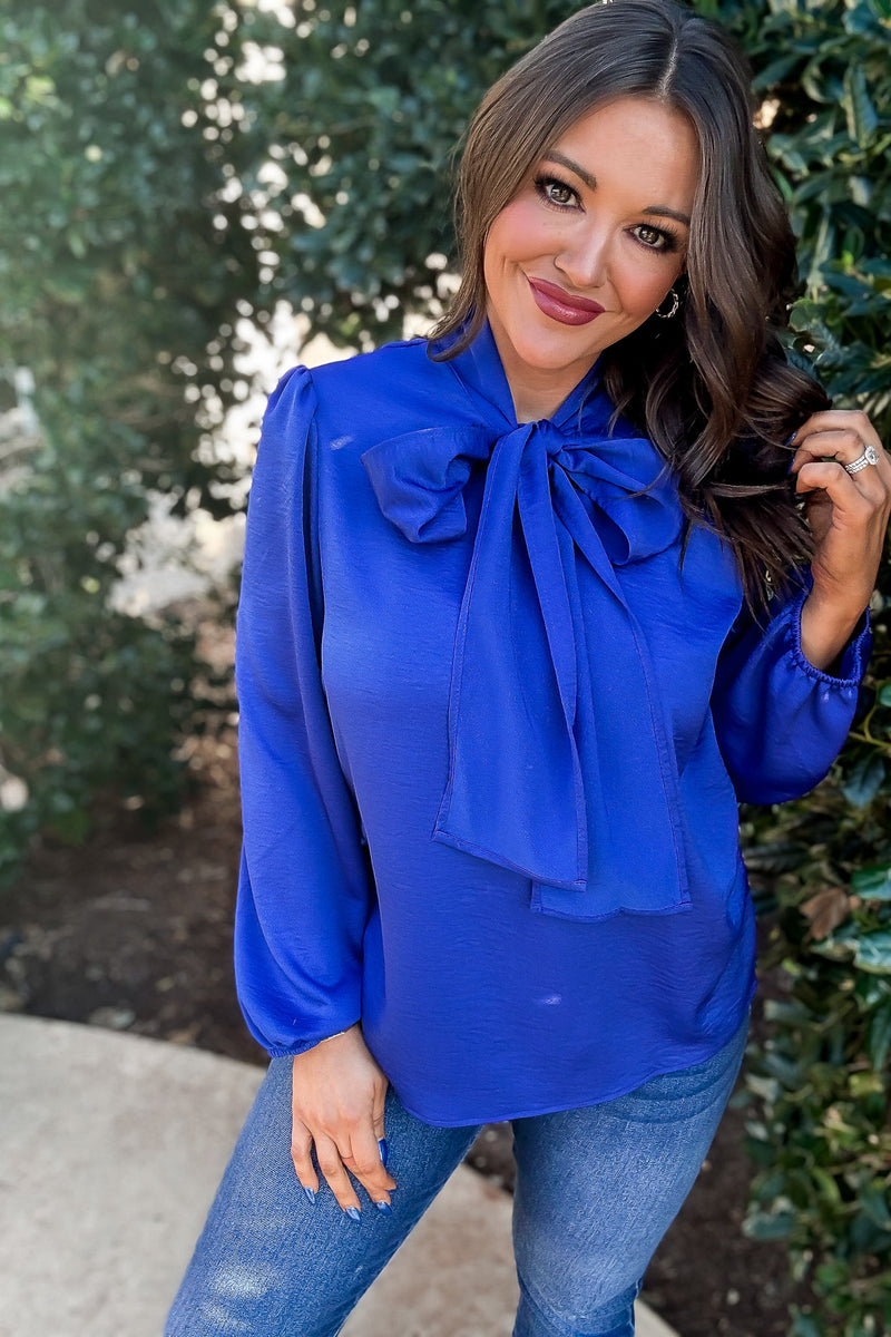 Wrap It Up Royal Blue Satin Neck Tie Blouse