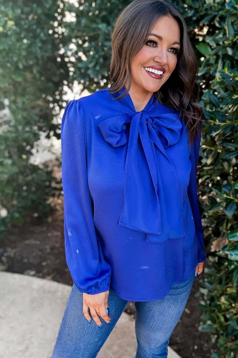 Wrap It Up Royal Blue Satin Neck Tie Blouse