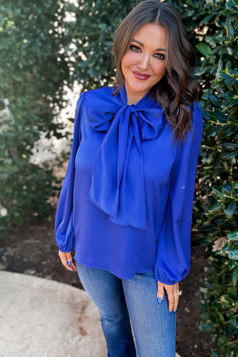 Wrap It Up Royal Blue Satin Neck Tie Blouse