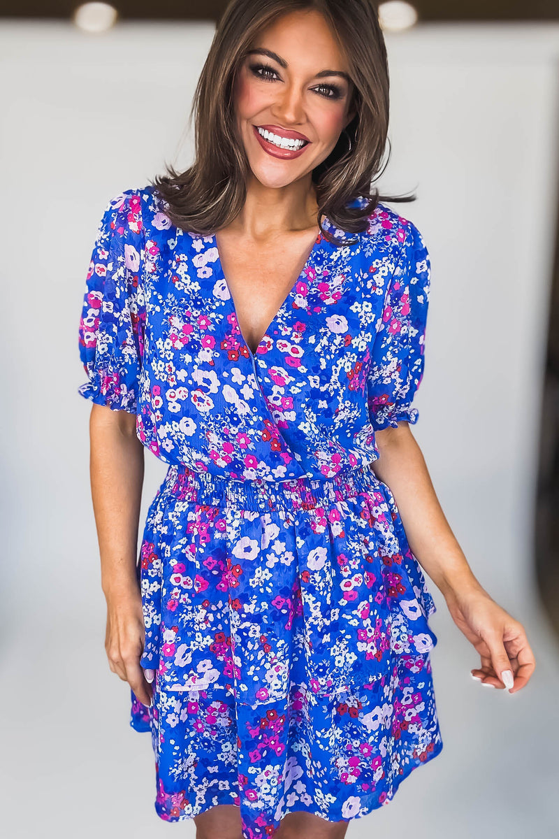 SURPLICE ELASTIC WAIST RUFFLE FLORAL MINI DRESS
