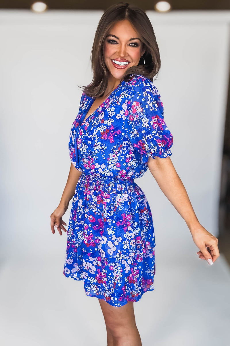 SURPLICE ELASTIC WAIST RUFFLE FLORAL MINI DRESS