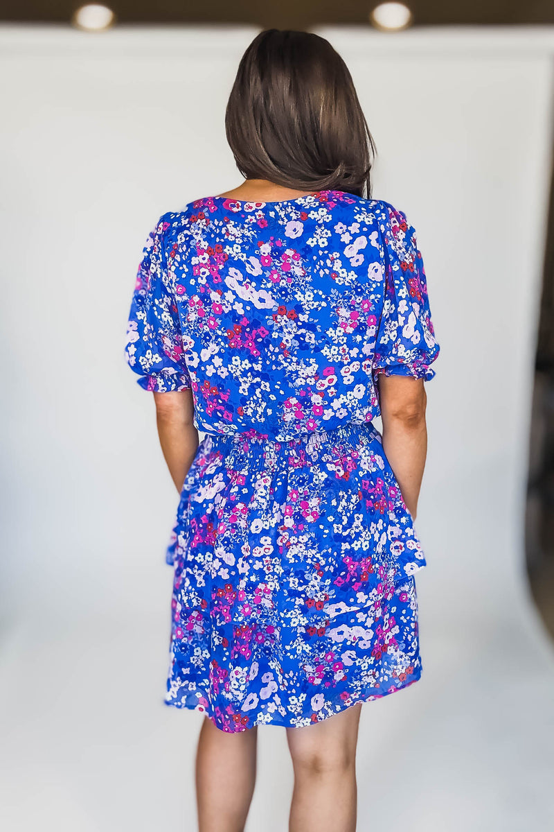 SURPLICE ELASTIC WAIST RUFFLE FLORAL MINI DRESS