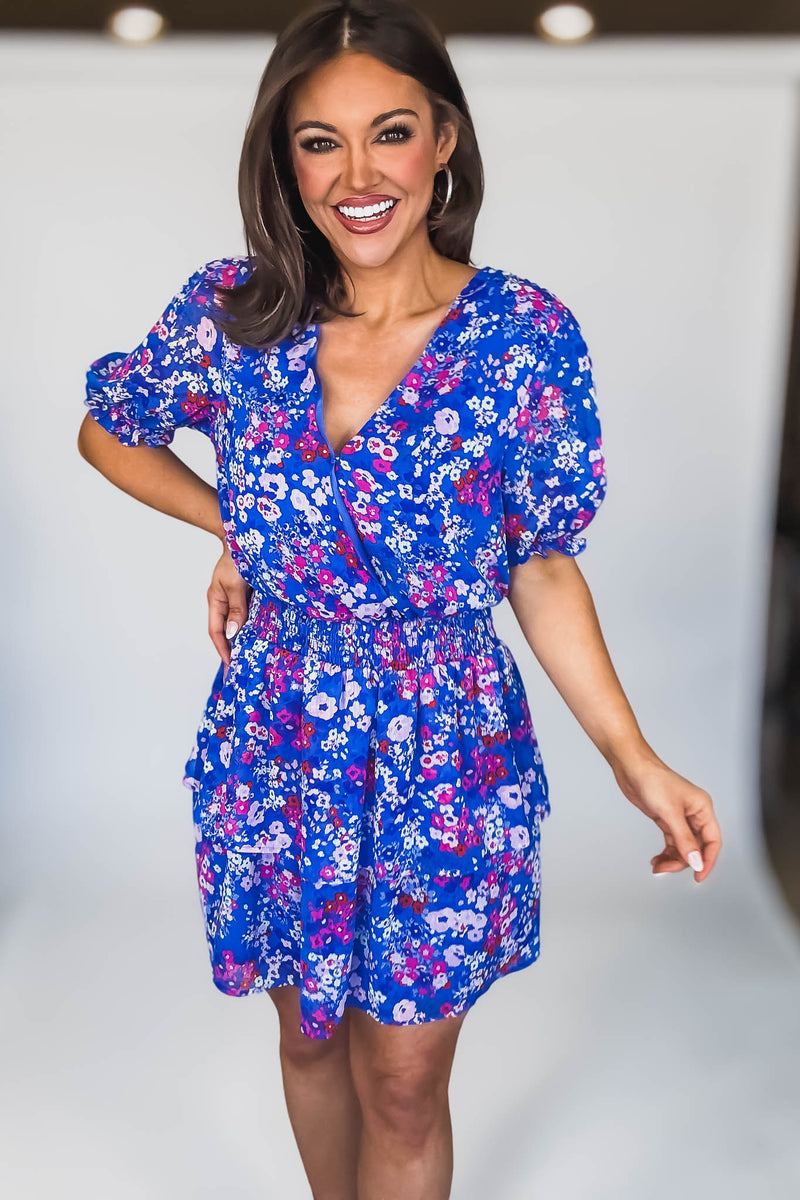 SURPLICE ELASTIC WAIST RUFFLE FLORAL MINI DRESS