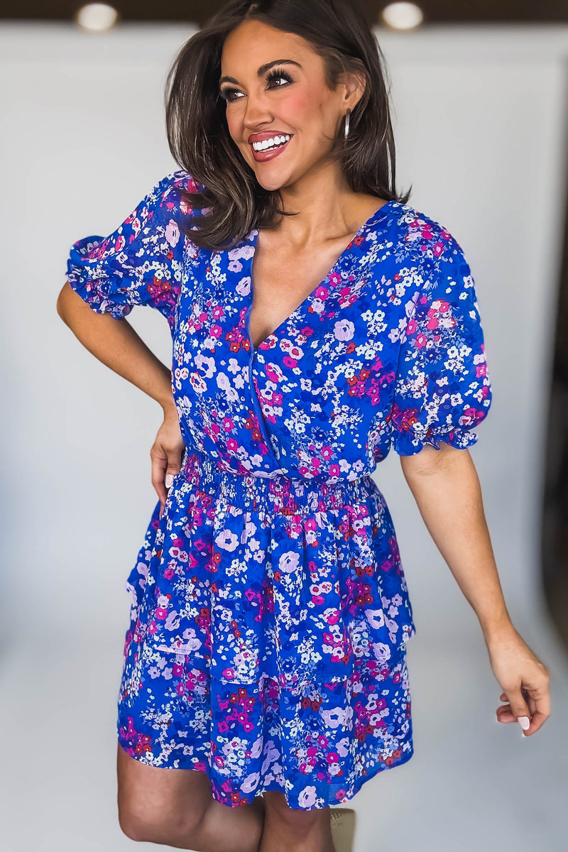 SURPLICE ELASTIC WAIST RUFFLE FLORAL MINI DRESS