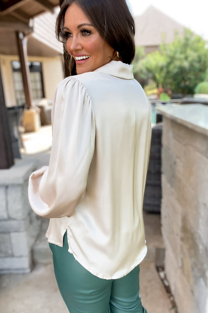 Champagne Anyone Satin Open Notched Collar Neck Top
