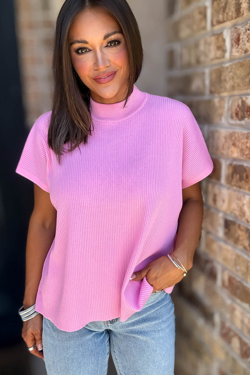 Everywhere Candy Pink Mock Neck Short Sleeve Boxy Sweater