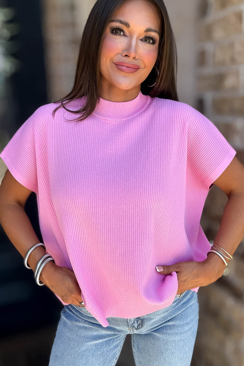 Everywhere Candy Pink Mock Neck Short Sleeve Boxy Sweater