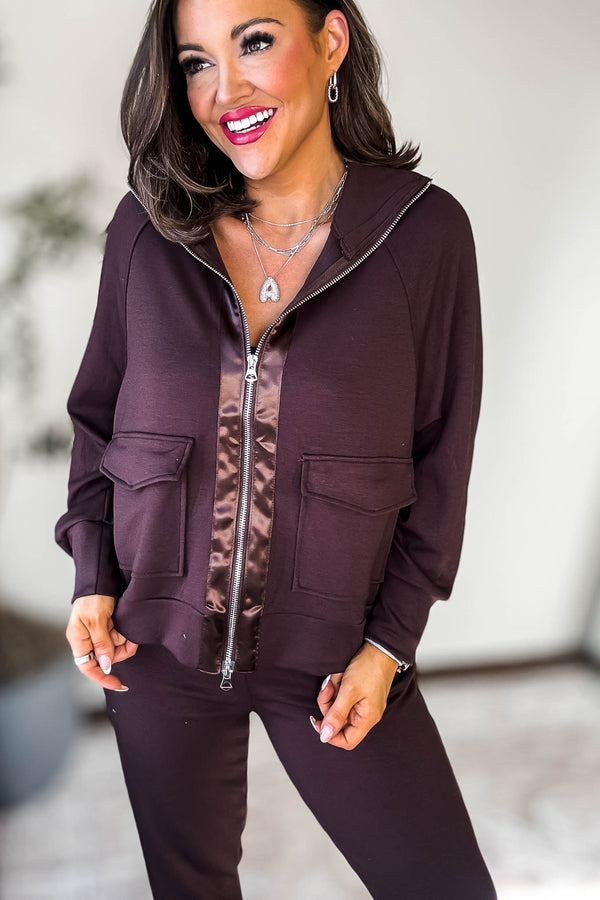 Double Soft Chocolate Sateen Trim Zip Sweat Jacket