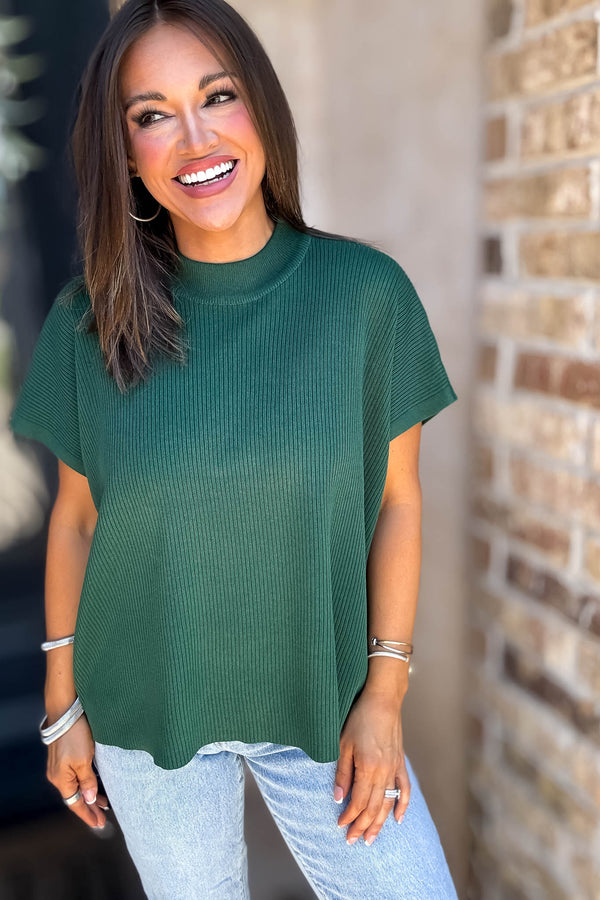 Everywhere Dark Green Mock Neck Short Sleeve Boxy Sweater