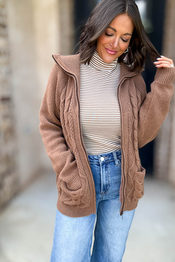 Long Sleeve Khaki And White Turtle Neck Stripe Top