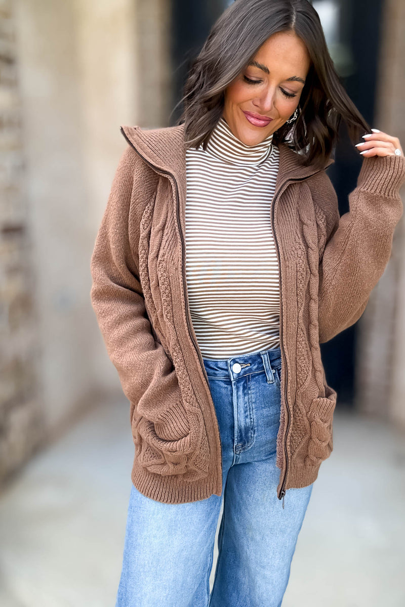 Long Sleeve Khaki And White Turtle Neck Stripe Top