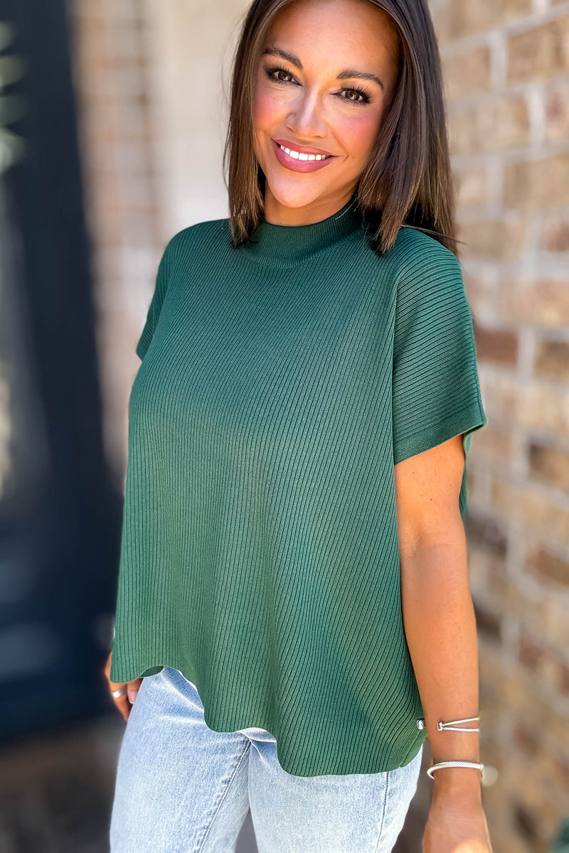 Everywhere Dark Green Mock Neck Short Sleeve Boxy Sweater