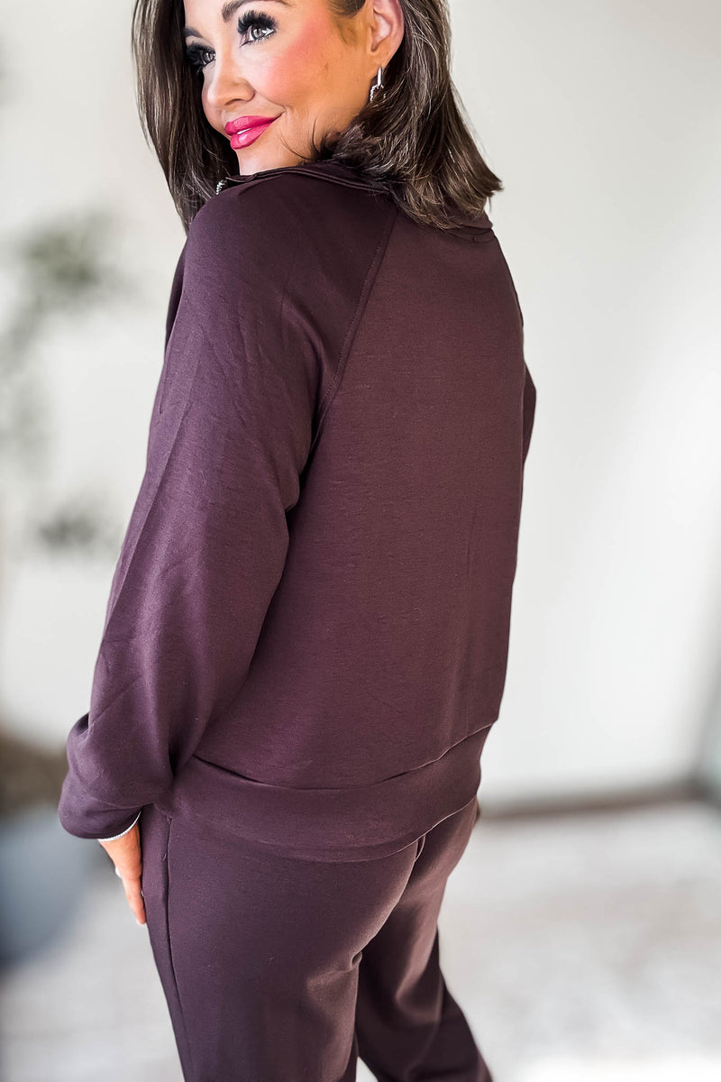 Double Soft Chocolate Sateen Trim Zip Sweat Jacket
