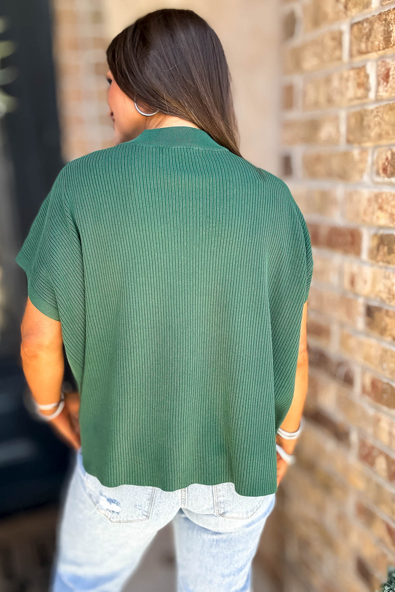 Everywhere Dark Green Mock Neck Short Sleeve Boxy Sweater
