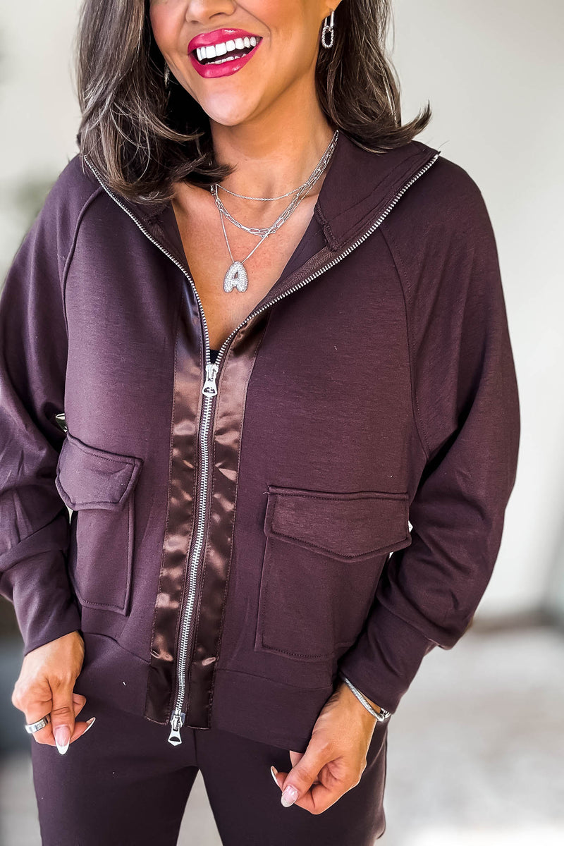 Double Soft Chocolate Sateen Trim Zip Sweat Jacket