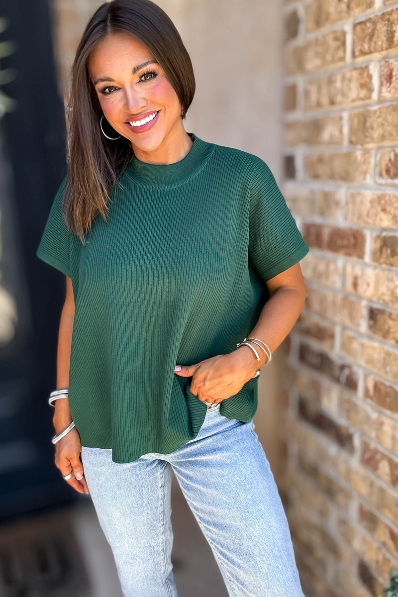 Everywhere Dark Green Mock Neck Short Sleeve Boxy Sweater