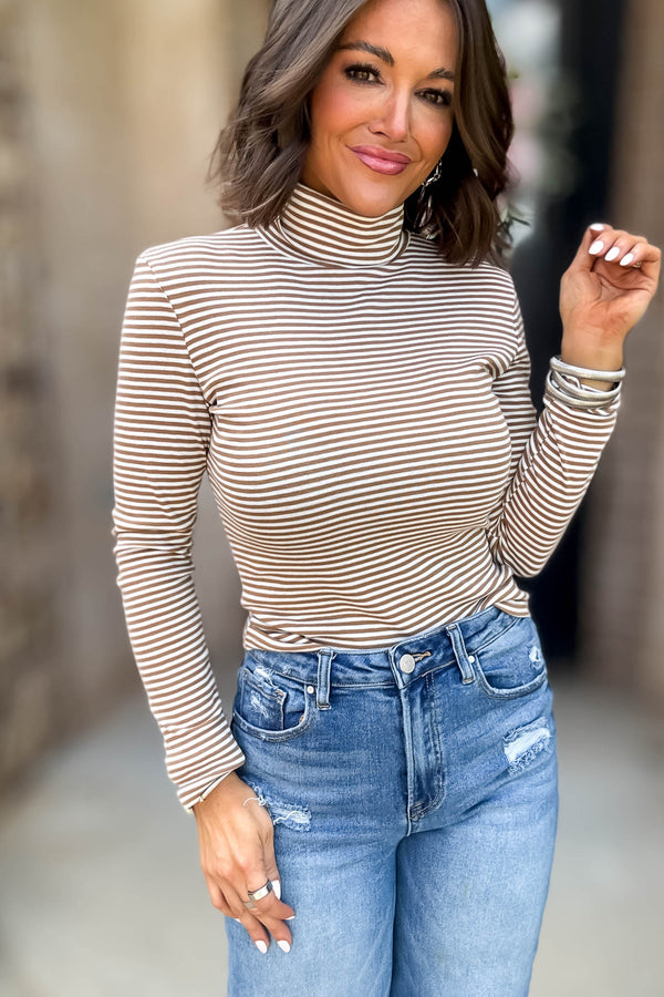 Long Sleeve Khaki And White Turtle Neck Stripe Top
