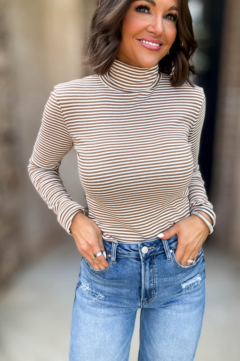 Long Sleeve Khaki And White Turtle Neck Stripe Top