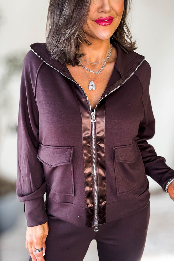 Double Soft Chocolate Sateen Trim Zip Sweat Jacket