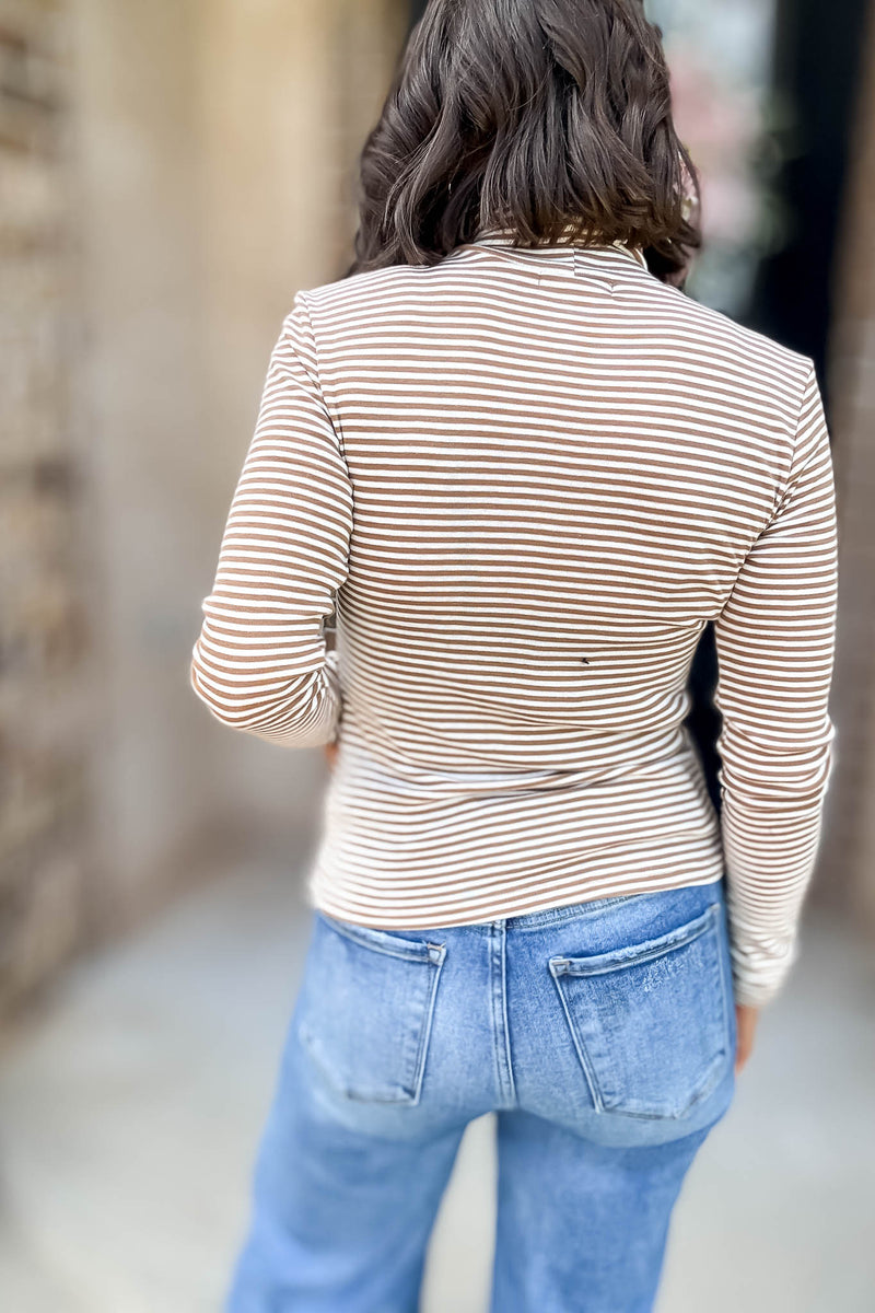 Long Sleeve Khaki And White Turtle Neck Stripe Top